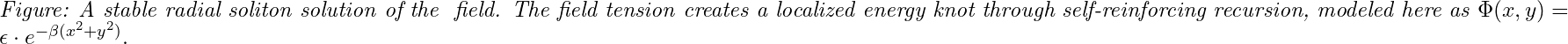  \textit{Figure: A stable radial soliton solution of the Φ field. The field tension creates a localized energy knot through self-reinforcing recursion, modeled here as } \Phi(x,y) = \epsilon \cdot e^{-\beta (x^2 + y^2)}. 